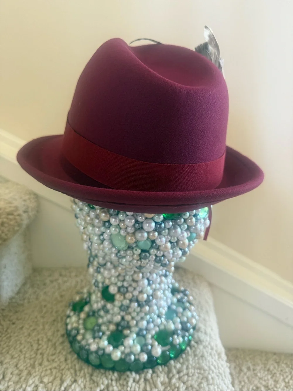 Pandora Burgundy Feather Trim Fedora Hat